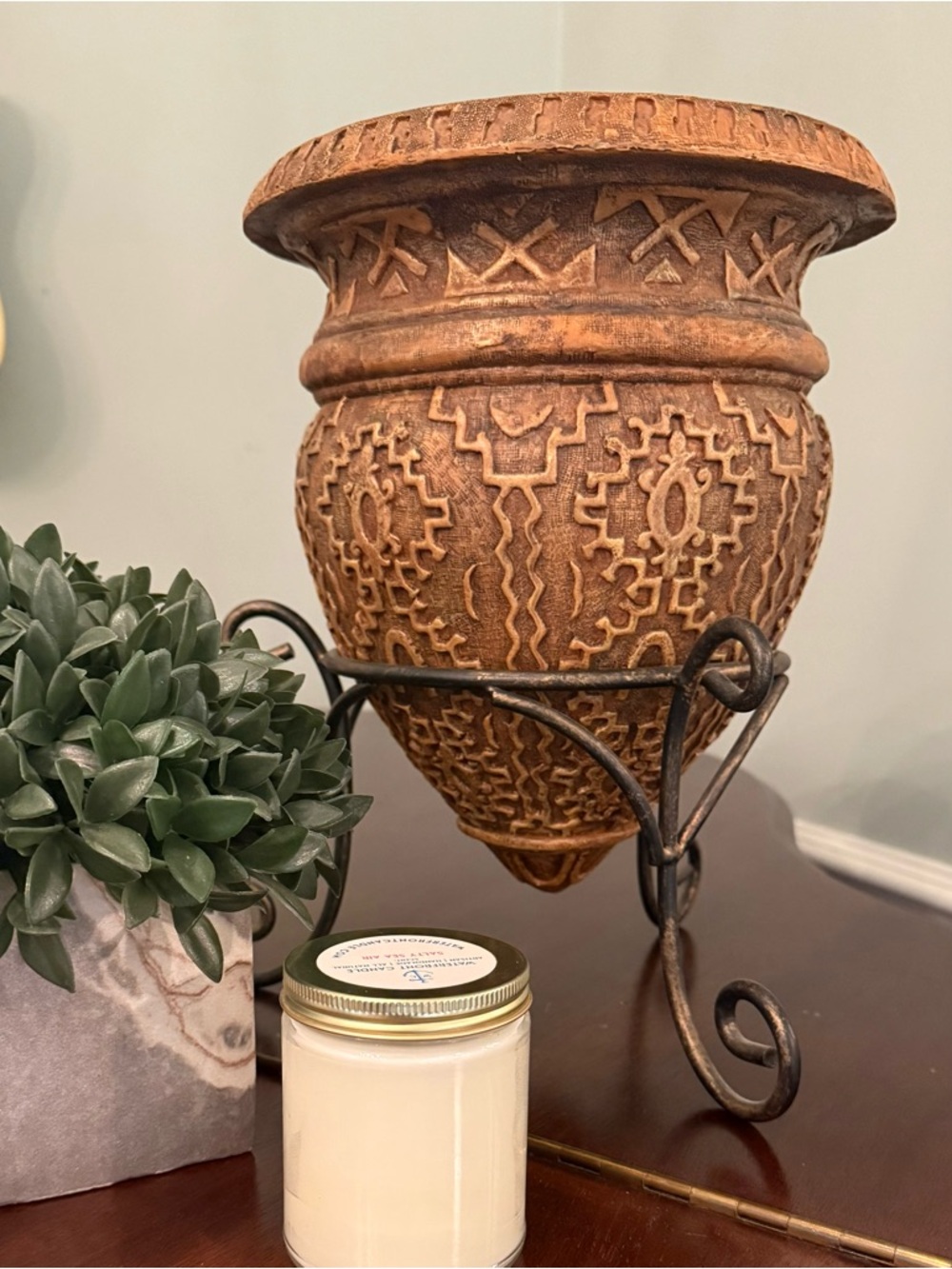 Boho Southwestern Textured Planter with metal stand